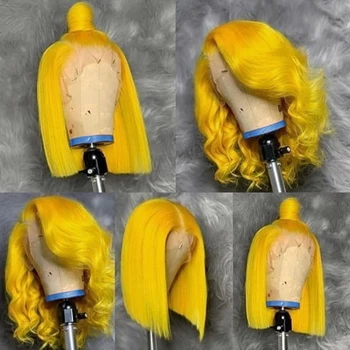 Geltoni Plaukai Tiesūs Žmogaus Plaukų Bob Perukai Brazilijos Tiesiai Spalvos Žmogaus Plaukų Perukai Remy Trumpas Bob Nėriniai Priekiniai Perukai Moterims