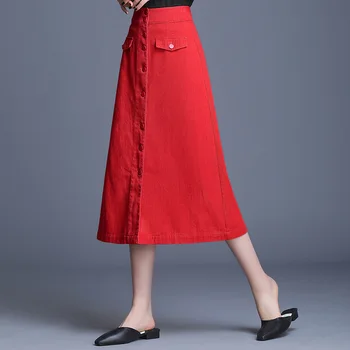 Mados 2019 m. pavasarį korėjos saldus sijonas ilgas džinsinis sijonas plonas OLIS ilgai Bodycon Aukštos Kokybės Elagant ŽODĮ Sijonas RAUDONAS JUODAS
