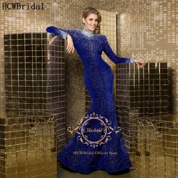 Blizgučiai Royal Blue Undinė Dubajus Vakarinę Suknelę Ilgomis Rankovėmis Aukštu Kaklu Kristalų Prom Šalies Moterų Inscenizacija Suknelės Pritaikyti Chalatai