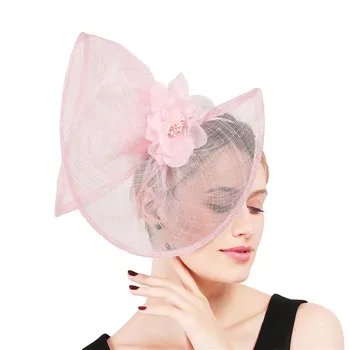Elegantiškos Rožinė Didelis Derbis Skrybėlės Moterims Sinamay Fascinator Vestuvių Skrybėlės Priedai, su gražia Gėlių galvos Apdangalai Moterų Proga Vinjetė