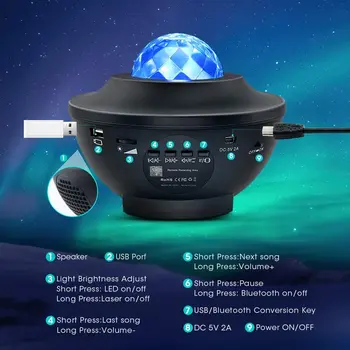 LED Star Naktį Šviesos Lempos Žvaigždėtas Dangaus Projektorius, Bluetooth Nuotolinio Valdymo Muzikos Grotuvas Vandens Banga Projektorius USB Įkraunama