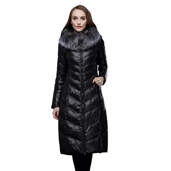 Žieminiai Pūkų paltai moterims, Ilgai dizaino sidabrinės lapės kailio apykaklė 90% baltųjų ančių pūkais paltas su gobtuvu plius dydis M-3XL WD1606