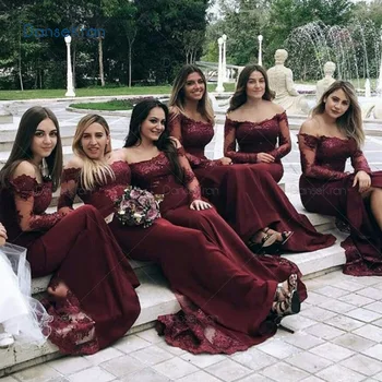 Bordo Nėrinių Undinė Bridesmaid Dresses Su Rankoves Nuo Peties Stebėjimo Vestuvių Svečių Suknelės Moterims 2021