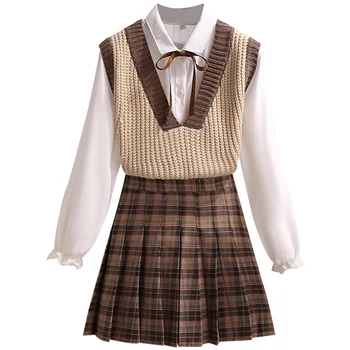 ICHOIX atsitiktinis trijų dalių rinkinys megztinis liemenė+ ilgomis rankovėmis balta palaidinė+ linijos mini sijonas studentų stilius saldus tinka rudens rinkinys