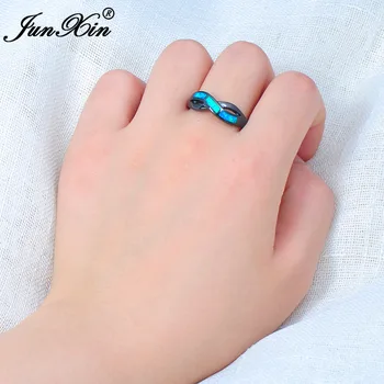 JUNXIN Blue Fire Opal Žiedas Vyrai Moterys Begalybės Žiedą Juodojo Aukso Užpildytas Senovinių Vestuvių Žiedai Vyrams Ir Moterims bižuterijos
