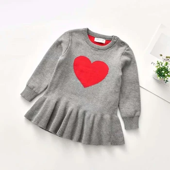 Rudenį, Žiemą Kūdikiams, Kūdikių Mergaitės Megztinis Suknelė 1-5Y Širdies Spausdinti Megztiniai ilgomis Rankovėmis Raukiniai-Line Mini Suknelė