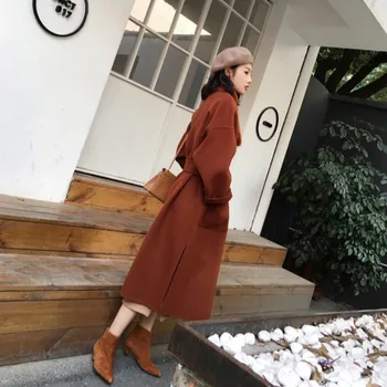 Korėjos versija, dvipusis kašmyras vilnoniai paltai moterims 2020 m. rudens ir žiemos drabužiai over-the-knee ilgai nėriniai-up švarkelis