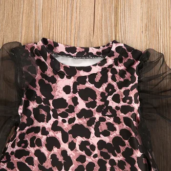 1-6Y Mados Bamblys Kūdikių Mergaitės, Leopardas spausdinimui Ilgai Nėrinių Sluoksniuotos Rankovėmis Kelio Ilgis-Line Suknelė