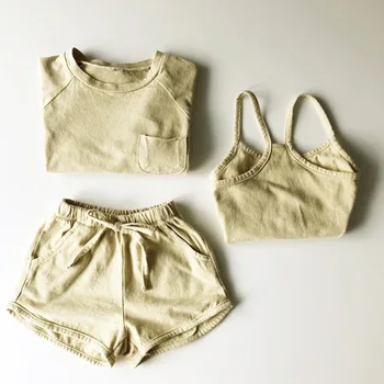 Vasaros 2019 korėjos vaikų drabužiai e berniukų ir mergaičių trijų dalių condole diržo spalvotų medvilnė šortai rinkinys