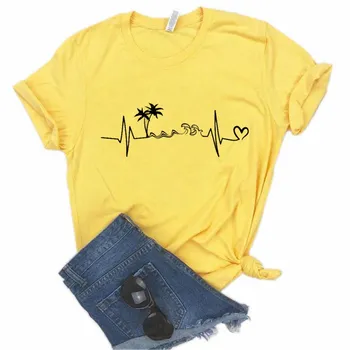 Moterys, Kokoso Medžio Bangos Širdies Estetinės Harajuk Spausdinti marškinėliai Topai 2020 Metų Vasaros Mados Trumpas Rankovėmis marškinėliai Mergina,Lašas Laivas