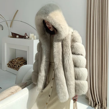 Rf1991B Žiemos Mados Fox Fur Coat su dideliu Gaubtu Super Šiltas natūralios Odos Moters tikro Kailio Striukė