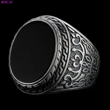 BOCAI Solide 925 gryno sidabro žiedus Natūralus Juodas Agatas Žiedas vyrams madinga retro asmenybė valdinga Tailando sidabro žiedai