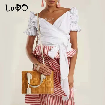 Garsaus prekės ženklo moterys Bambuko šiaudų rotango krepšys 2020 ponios mados prabangių rankų odos krepšiai messenger maišeliai moterų rankinės ir piniginės