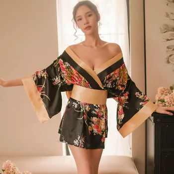 Japonų Kimono Stilius, Seksualus Moterų, Satino, Šilko Sleepwear Moterų Spausdinti Pižamą Naktiniai Drabužiai Moterims Moteriški Naktiniai Marškiniai Namų Drabužių