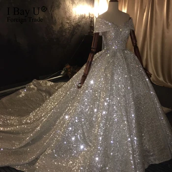 Realus Darbo 2020 M. Dubajaus Princesė Prabanga Bridal Vestuvinė Suknelė, Visiškai Duobute Off Peties Apsvaiginimo Vestuvių Suknelės Blizgučiais Pynimas