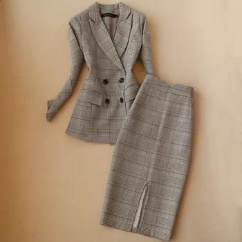 Žiemos aukštos kokybės moterų kostiumas, sijonas nustatyti dviejų dalių korėjos versija, naujas profesionalus pledas ponios striukė Plonas sijonas 2019