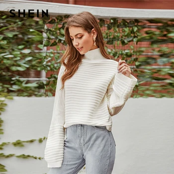 SHEIN Balta Kieta medžiaga, Aukštos Kaklo Lašas Pečių Žiemos Džemperis Moterims Topai 2019 M. Rudenį Highstreet ilgomis Rankovėmis Pagrindinių Laisvalaikio Megztiniai