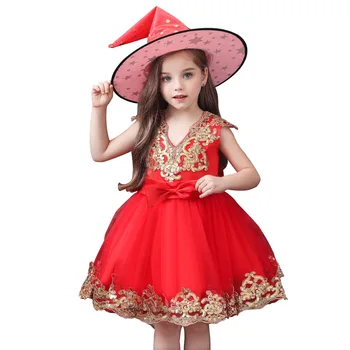 Aukso Blizgučiais Lace V-neck Princesė Dress Vaikai Suknelė Vintage Red Flower Girl Podiumo, Vestuvės, Kalėdos, Veiklos rezultatų Drabužiai