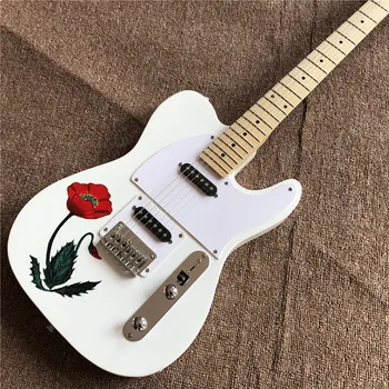 Naujas atvykimo aukštos kokybės baltos spalvos elektrinė gitara su gėlių ant kūno , Nekilnojamojo vertus, tapyba, gitara , klevų fingerboard guitarra