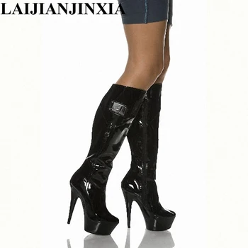 LAIJIANJINXIA 15cm klasika ponios black PU odos seksualus kelio ilgi batai platformos aukšto kulno batai moterims, Fetišas Šokių Bateliai