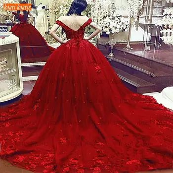 Iliuzija Raudona Vestuvių Suknelė Nėrinių Koplyčia Traukinys Chalatas De Mariage 2021 Appliqus Gėlių Tiulio Nuotakos Suknelės Princesė Hochzeitskleid