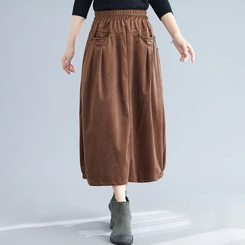 Rudenį, žiemą velvetas sijonas moterims elastinga aukštos juosmens derliaus kišenėje medvilnės midi sijonas elegantiškas ponios atsitiktinis palaidų ilgi sijonai