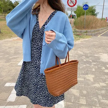 6 spalvų 2019 m. rudenį korėjos ins stilius laisvas vientisa spalva v kaklo plonas megztinis moteriški megzti džemperis cardigan feminino (X271)