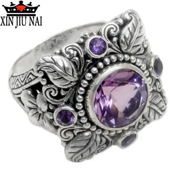 925 sterlingas sidabro Derliaus Tailando Sidabro Spalvos Gėlių Lapų Formos Big Crystal Žiedą, kad Moteris su Violetine CZ Akmuo ametistas žiedas