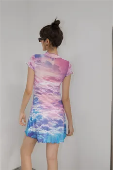 CHEERART Dizaineris Tinklinio Vasaros Bodycon Suknelė Moterims Pink Cloud Print Stovėti Apykaklės Trumpas Rankovės Prigludusi Mini Suknelė Aukštosios Mados