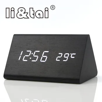 Mediniai LED Laikrodis-Žadintuvas modernus Temperatūros Skamba Kontrolės Kalendorius USB/AAA Powerd LED Trikampis Elektroninis Skaitmeninis Stalo Laikrodžiai
