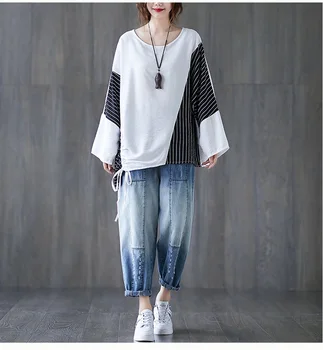 Korėjos stiliaus medvilnės plius dydis derliaus juostele rudenį atsitiktinis palaidų tee marškinėliai moterims t-shirt ponios marškinėlius drabužius 2021 viršūnės