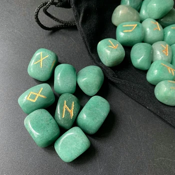 Natūralaus Green Aventurine Kristalų Runų Akmenys Rinkinys Būgniniai Akmenys, Poliruoti Šiaurės Vikingų Runos Amuletas Būrimą Amatų 25pcs
