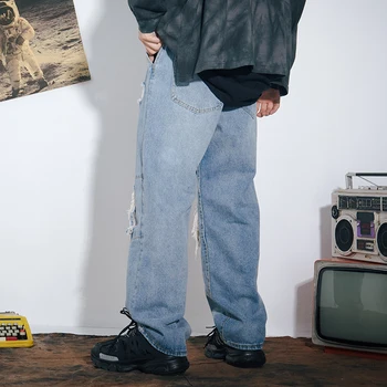Harajuku Kankina Pločio Kojų Džinsai Vyrai Moterų Mėlyna Nelaimę Džinsai Kelnės su Patchs Vyrų Streetwear Hip-Hop Džinsinio audinio Kelnės