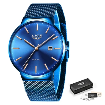 Vyrai Laikrodžiai LIGE Top Brand Prabanga Mėlyna Vandeniui Rankiniai Laikrodžiai Ultra Plonas Data Paprastas Atsitiktinis Kvarciniai Laikrodžių Vyrams, Sporto Laikrodis