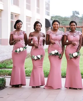 Vestido de festa longo Afrikos Iliuzija Kaklo Undinė Rožinė Bridemaid Suknelės Nėriniai Appliqued Prom Dresses Oficialią Šalies Chalatai