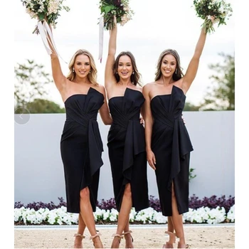 Trumpas Juodas Bridesmaid Dresses Stebėjimo Apvalkalą Klostyti Satino Arbatos Ilgio Elegantiškas Vestuvių Svečių Suknelė 2019 Užsakymą Moterims, Chalatai