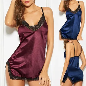 2021 Sexy Satin Black Lace Moteris Naktį Suknelė moteriškas apatinis Trikotažas Moterims, V-Kaklo Pižamą пижама Šilko Sleepwear Apatiniai Pijama Mujer Naujas