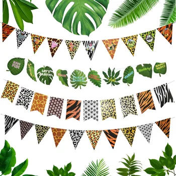 Gyvūnų Modelį leaf Reklama, Tigras, Leopardas Slidinėti Vėliavos Banner Džiunglių Gimtadienio Dekoracija Vaikų Gimtadienio Dekoracijos