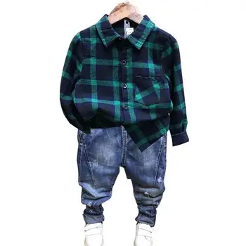 2VNT WLG berniukų drabužiai vaikams pledas žalia marškinėlius ir džinsinio audinio blue jean drabužių nustatyti kūdikio drabužius vaikams