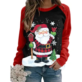 Marškinėlius Moterims Kalėdų Viršūnes Pledas Sudurti Hem Long Sleeve T-shirt Mielas Tunika Poleras Camiseta Mujer Harajuku Top Women Marškinėliai