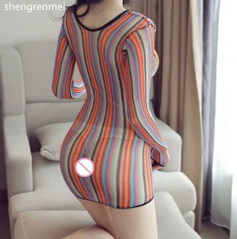 Shengrenmei 2019 Naujas Moterų Vaivorykštė Sleepwear Seksualus Apatinis Trikotažas Cosplay Moterų Ilgas Rankovėmis Suknelė Mados Juostele, Kelnaitės Nightdress
