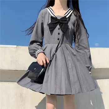 Japonijos Kolegija Stiliaus Moterų Suknelė Saldus Mergina Sailor Apykaklės Lankas Kawaii Trumpas Sluoksniuotos Rankovėmis Suknelės Derliaus Plisuotos Sudurti Suknelė