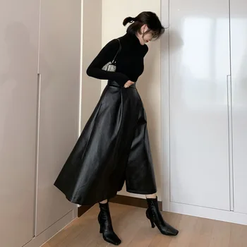 2020 m. Rudenį Naujų Mados Dizaineris Moterų PU Odos Ilgas Sijonas su Užtrauktuku Atsitiktinis Hem Ritininės Elegantiškas Juodas Sijonas