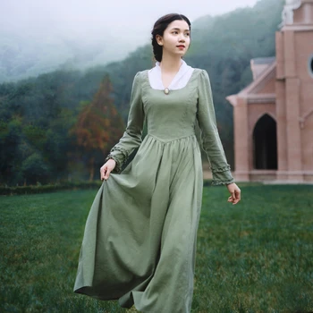 Vestido Pavasarį, Rudenį Moterys Derlius V-Kaklo, ilgomis Rankovėmis Elegantiškas Plonas Lino Princesė Laciness Šviesiai Žalios spalvos Ilga Suknelė sukienki