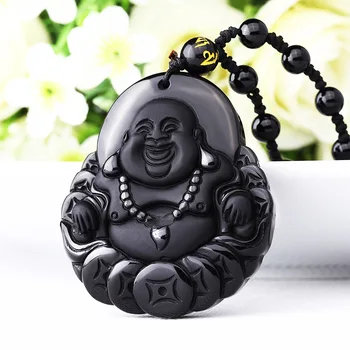 Nekilnojamojo Kinijos rankų darbas Natūralus Juodas Obsidianas, Išraižytas Buda Dievo, Likimo Amuletas Pasisekė Pakabukas bižuterijos Karoliai