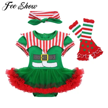 Naujagimio Romper Suknelė Pirmą Kalėdų Kūdikių Drabužiai Merginos Kalėdų Elf Apranga 2019 Kalėdos Suknelės Kūdikių Drabužiai 3pcs Rinkinys