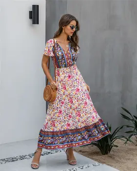 Boho Vasaros Suknelė Moteris Derliaus Gėlių Spausdinti Raukiniai Maxi Suknelė 2020 Atsitiktinis V-Kaklo Trumpomis Rankovėmis Nėrinių Iki Paplūdimio Suknelės Skraiste Mujer
