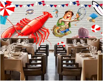 Pasirinktinius nuotraukų freskos 3d tapetai HD vėžiai grafiti plytų sienos, jūros gėrybių restoranas dekoro kambarį tapetai sienos 3 d