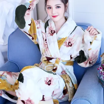 Moterims, Chalatai Flanelė Šiltas Chalatas Animacinių filmų Spausdinti Kimono Lounge Tirštėti Patelės Laisvalaikio Prašmatnus Minkštas Mados Namų Drabužiai su Varčias Naujas